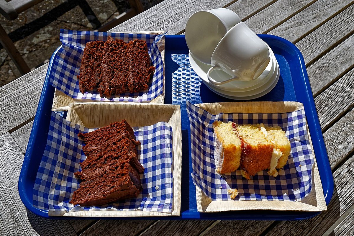 Fatias de bolo de chocolate e de pão de ló recheado em bandeja